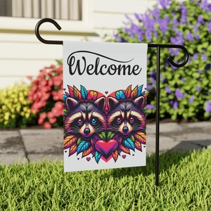 Raccoon Welcome Outdoor Flag, Colorful Animals, Yard Decor, Unique Garden Flag, Double Sided Flag, Home Decoration