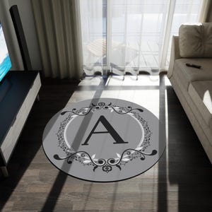 Alfombra personalizada con inicial, letra A, redonda, monograma, apellido, sala de estar, regalo único