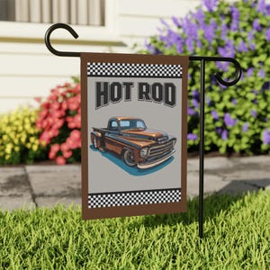 Hot Rod Outdoor Flag, Vintage Truck Flag, Classic Car Art, Garden Flag, Racing Checkered Flag, Outdoor Decor, Automotive Gift, Man Cave