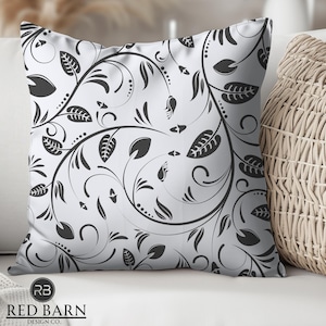 Decorative Throw Pillow, Black and White Floral Accent Pillow, Botanical Pattern Cushion, Home Decor Pillow, Unique Gift Idea