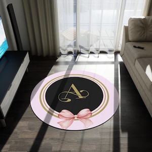 Alfombra personalizada con inicial, alfombra personalizada con la letra A, alfombra redonda con monograma, alfombra con lazo rosa, decoración elegante para el hogar, alfombra de regalo, alfombra familiar personalizada