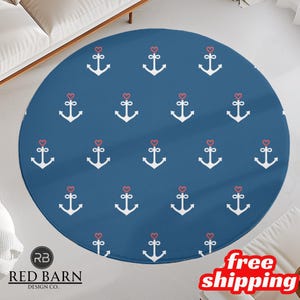 Nautical round rug with anchor design, blue and white rug for living room, coastal and beach themed floor decor, free shipping