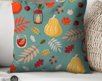 Cuscino del raccolto autunnale: decorazione decorativa con foglie autunnali e zucche