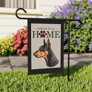 Doberman Welcome Outdoor Flag, Dog Home Decor, Canine Lover Gift, Black Tan Dog Breed, Garden Decoration, Housewarming Present