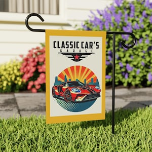 Classic Car Garage Outdoor Flag, Automotive Art Flag, Retro Car Lover Gift, Vintage Car Garden Decor, Stylish 0utdoor Flag For Car