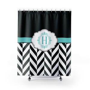 Cortina de ducha con monograma, personalizada, con diseño de chevron, inicial personalizada, letra H, decoración moderna para baño.
