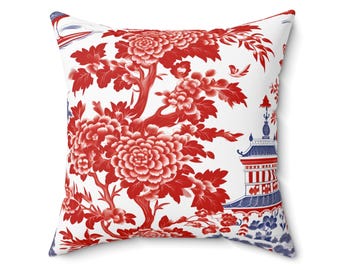 Chinoiseriekussen rood bloemenmotief: Aziatisch geïnspireerd sierkussen