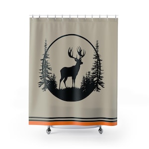 Rustikaler Hirsch Duschvorhang, Waldsilhouette, Cabin Decor, Cottage Style, Natur inspiriert, Badezimmerzubehör