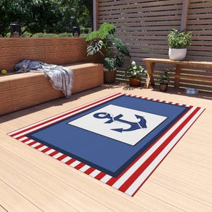 Nautical Anchor Rug, Coastal Home Decor, Navy Blue and White Accent Rug, Beach House Rug, Nautical Themed Area Rug (133 characters)