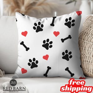 Dog Lover Pillow, Cute Dog Print Cushion, Pet Lover Gift, Dog Paw Heart Bone Pattern, Decorative Throw Pillow, Free Shipping Pillow