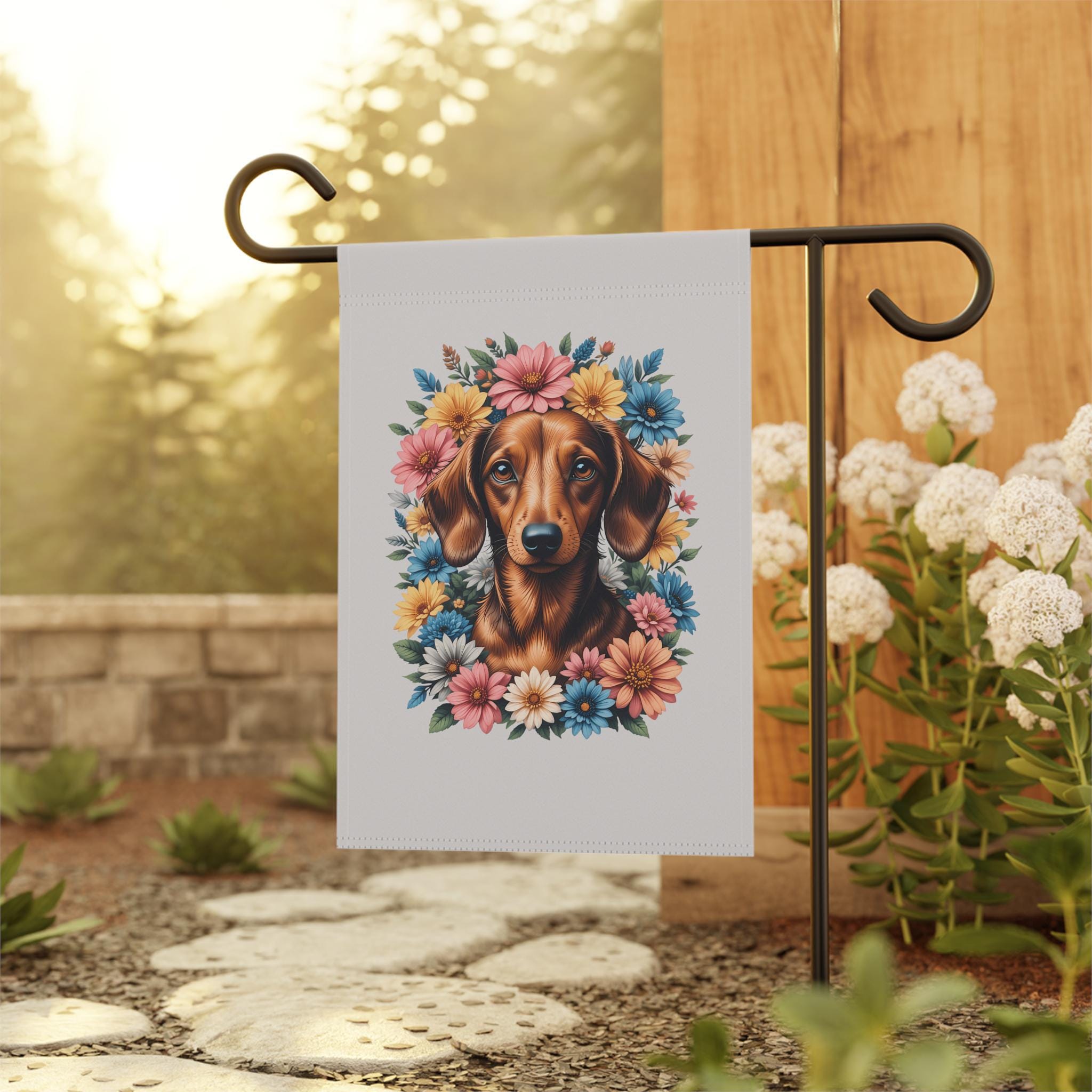 Bandiera Da Giardino 180x120 Cm - Cane Bassotto Marrone Con Orecchie Da Coniglio - Poliestere Con Occhielli Metallici - 3