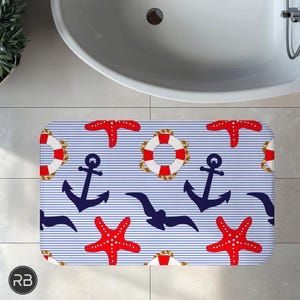 Nautical Bath Mat: Anchor, Starfish, and Lifebuoy Ocean Decor