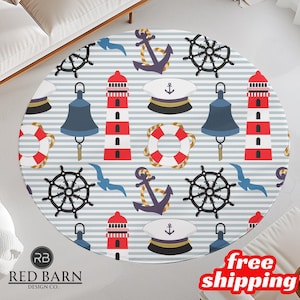 Nautical Round Rug Anchors and Lighthouse Design, Marine Theme Area Rug for Living Room and Nursery, Free Shipping
