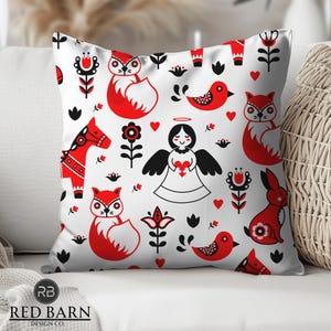 Scandinavian Folk Art Pillow: Red Animal Print Cushion Cover