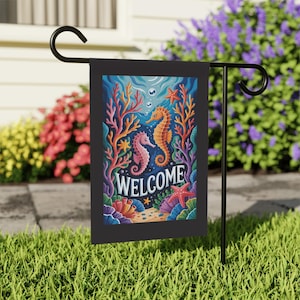 Bandiera di benvenuto per esterni con cavalluccio marino, decorazione per casa sulla spiaggia, arte da giardino a tema oceano, bandiera con vita marina, decorazione estiva per la casa, bandiera da giardino costiera