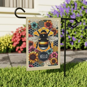 Bumble Bee Garden Flag, Hello Flag, Floral Decor, Spring Garden Decor, Bee Lover Gift, Unique Outdoor Flag, Decorative Flags