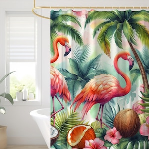 Watercolor Flamingo Shower Curtain: Tropical Beach Bathroom Decor