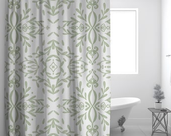 Elegant Floral Pattern Shower Curtain, Green and White Bathroom Decor, Modern Shower Curtain, Stylish Bath Accessory, Home Decor