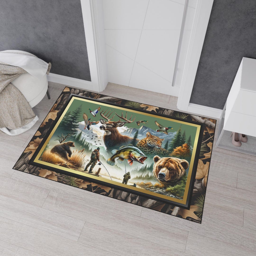 Wildlife Rug Wildlife Scene Heavy Duty Rug, Animals Bears Deer Jaguar Fish Ducks ...