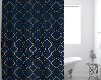 Elegant Geometric Shower Curtain, Blue and Gold Shower Curtain, Modern Bathroom Decor, Stylish Waterproof Shower Curtain