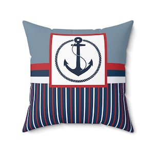 Nautical Anchor Pillow, Coastal Throw Pillow, Beach House Decor, Navy Blue Accent Pillow, Striped Pillow Cover, Sea Theme Cushion