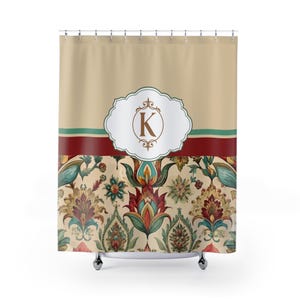 Cortina de ducha con inicial personalizada, cortina de ducha floral con monograma, decoración de baño elegante y personalizada, cortina de ducha con la letra K