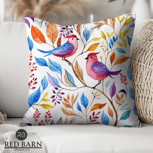 Colorful Birds and Leaves Pattern Pillow, Decorative Throw Pillow with Bird Design, Nature-Inspired Cushion for Home Decor, Gift