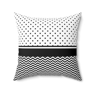 Modern Black and White Throw Pillow: Geometric Polka Dot Chevron Design