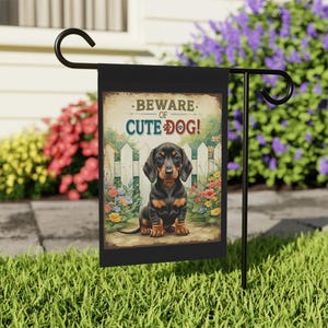 Beware of Cute Dog Flag, Dachshund Flag, Weiner Dog, Sausage Dog, Garden Flag, House Flag, Dog Lover Gift, Pet Portrait Flag, Dog Breed