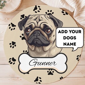 Personalized Dog Rug, Pug Rug, Custom Pet Name Rug, Dog Breed Rug, Cute Dog Rug, Dog Paw Rug, Pet Lover Gift, Home Decor Rug