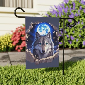 Bandeira de lobo para área externa, bandeira da lua, arte canina, bandeira de animal, decoração de quintal, bandeira de jardim, bandeira de animal de estimação, decoração de casa, presente para amantes de lobos, decoração externa exclusiva