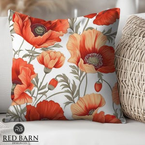 Red Poppy Floral Pillow Cover, Boho Flower Cushion, Vintage Botanical Home Decor, Decorative Throw Pillow, Floral Accent Pillow