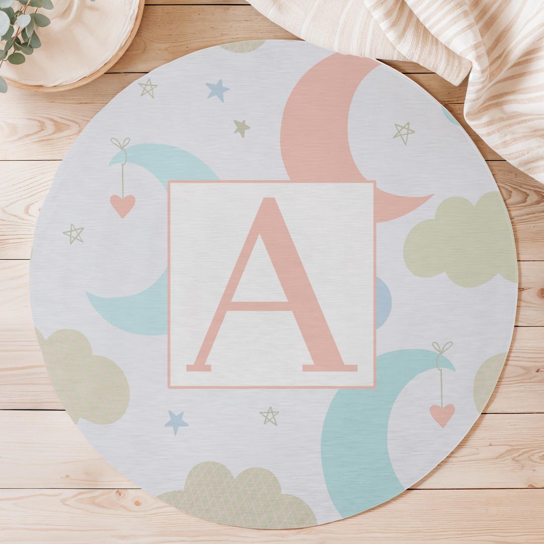 Personalized Moon Star Rug, Custom Initial Rug, Baby Name Rug, Nursery ...