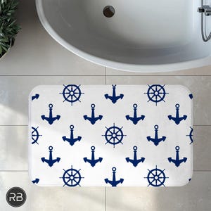 Nautical Bath Mat: Anchor & Ship Wheel Print, Coastal Bathroom Decor