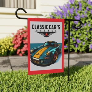 Classic Car Garage Outdoor Flag, Automotive Decor, Car Lover Gift, Vintage Car Design, Race Car, Garage Art, Garden Flag, Auto Enthusiast