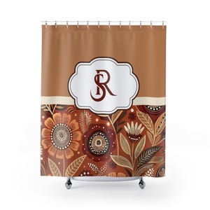 Cortina de ducha con monograma floral personalizado, decoración de baño con letra SR personalizada, baño con flores marrones, cortina de ducha única