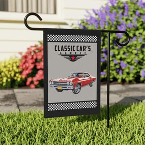 Classic Car Garage Outdoor Flag, Red Chevy Chevelle Decor, Vintage Car Enthusiast Gift, Man Cave Flag, Race Car Pattern