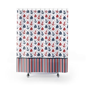 Nautical Shower Curtain, Anchor Sailboat Theme, Red White Blue, Coastal Bathroom Decor, Modern Shower Curtain, Nautical Pattern