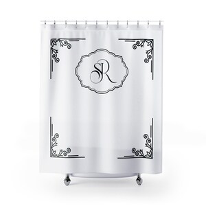 Cortina de ducha con monograma personalizado, decoración de baño con inicial personalizada, accesorios de baño elegantes, letra SR, cortina de ducha personalizada