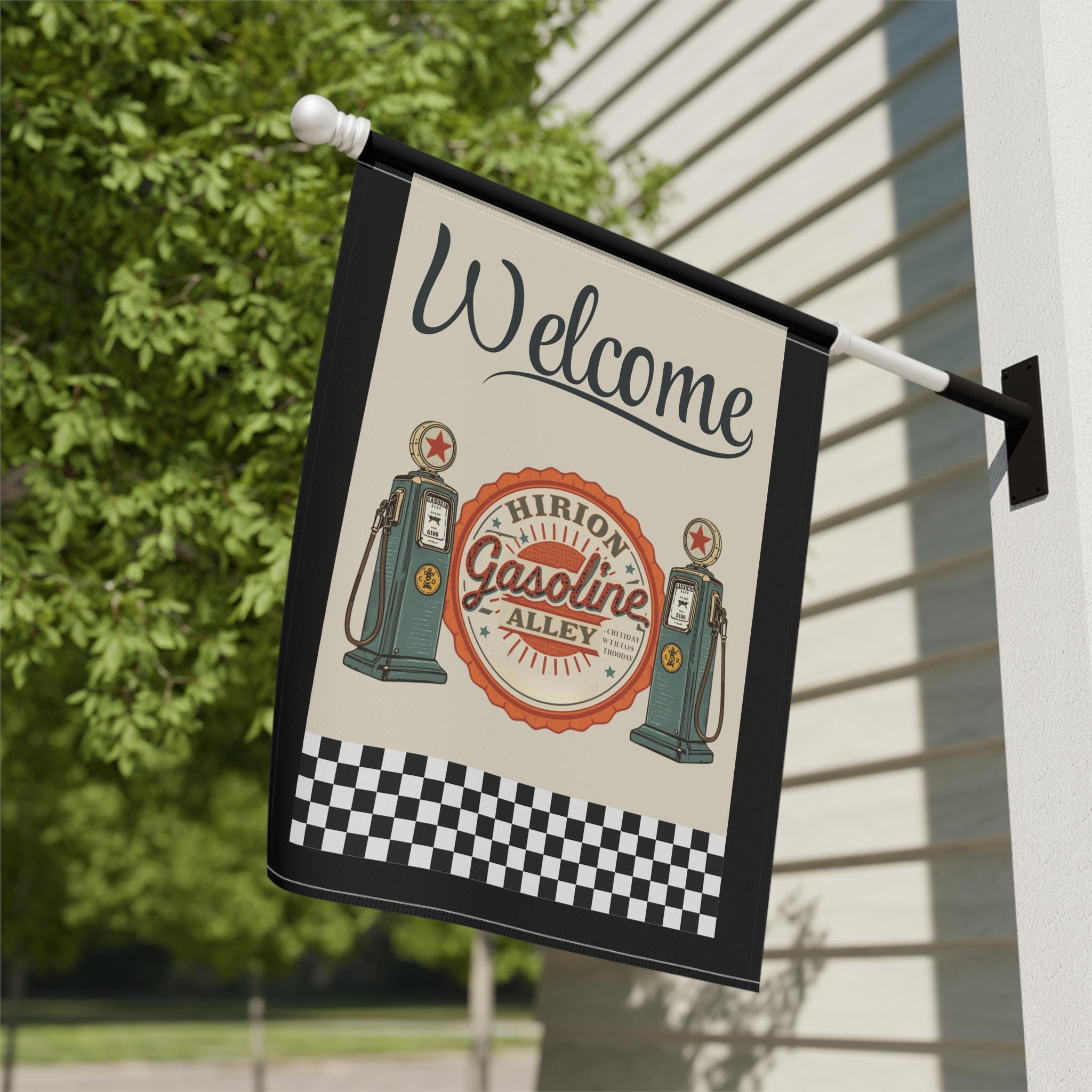 ガソリンスタンドの屋外用フラッグ「Welcome Gasoline Alley」、レトロなガソリンスタンドの装飾、ヴィンテージスタイルのバナー、チェック柄デザイン、ホームガーデンサイン、ガソリンスタンドのガソリンスタンド用看板  - Etsy 日本