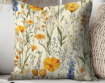 Wildflower Print Decorative Throw Pillow, Floral Accent Cushion, Handmade Flower Pillow, Vintage Inspired Home Decor, Yellow Orange Blue