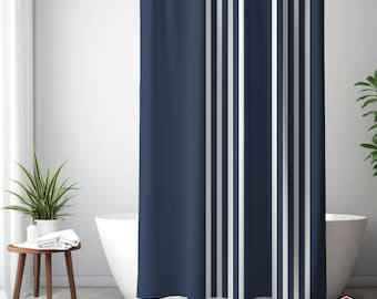 Navy Blue Striped Shower Curtain, Modern Bathroom Decor, Minimalist Design, Stylish Bath Curtain, Nautical Theme, Home Decor