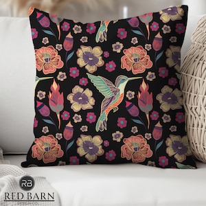 Floral Hummingbird Pillow: Colorful Home Decor Accent Cushion