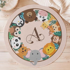 Alfombra con inicial personalizada, alfombra redonda de animales, alfombra decorativa para guardería, decoración de habitación infantil, animales de la jungla de dibujos animados, alfombra infantil, regalo para baby shower