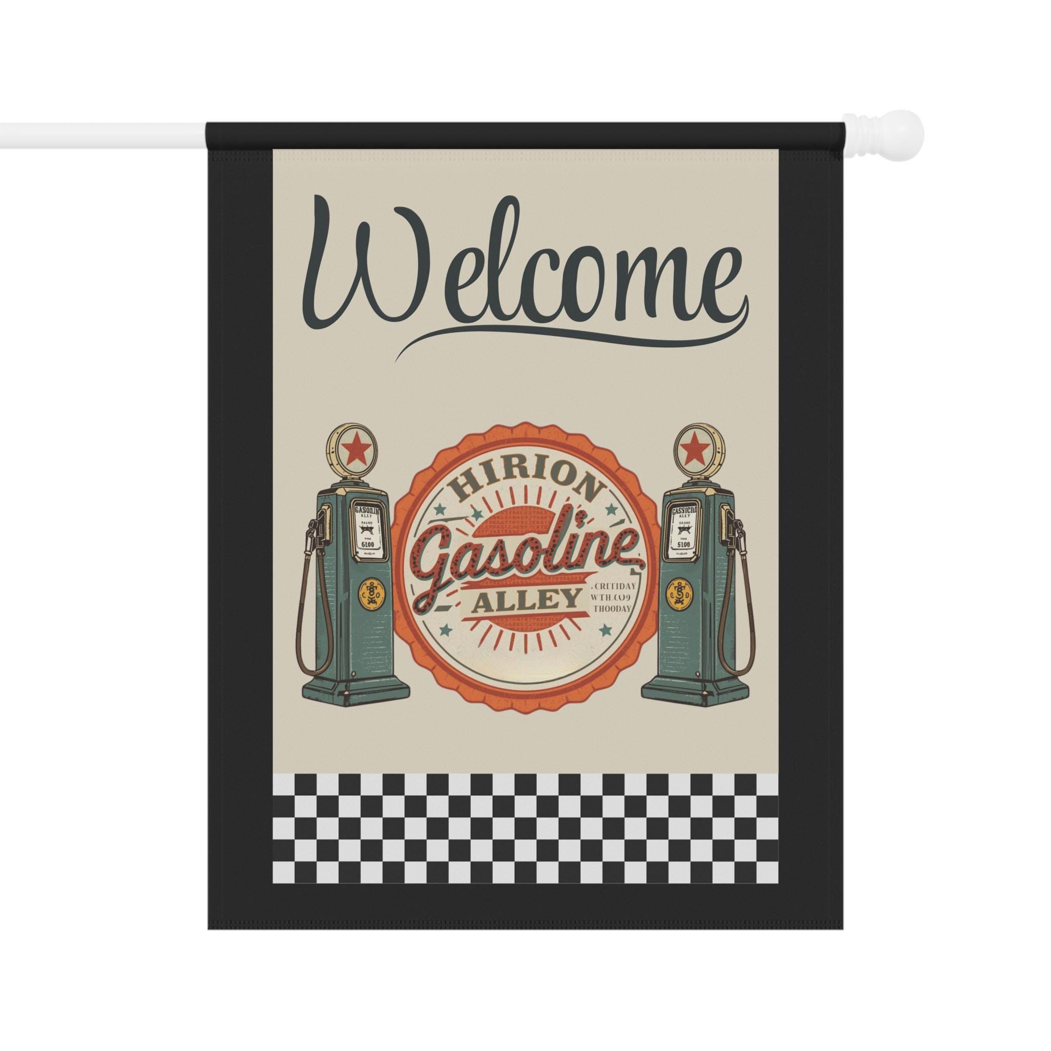 ガソリンスタンドの屋外用フラッグ「Welcome Gasoline Alley」、レトロなガソリンスタンドの装飾、ヴィンテージスタイルのバナー、チェック柄デザイン、ホームガーデンサイン、ガソリンスタンドのガソリンスタンド用看板  - Etsy 日本