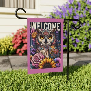 Welcome Owl Outdoor Flag, Floral Garden Flag, Home Decor Flag, Double Sided Yard Flag, Owl Lover Gift, Unique Garden Flag