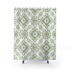 Sage Green Floral Shower Curtain, Botanical Pattern Bath Decor, Bathroom Update Idea, Unique Shower Curtain Design, Home Decor Gift Idea