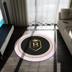 Alfombra personalizada con monograma, letra B, inicial, redonda, negra y dorada, personalizada, con nombre familiar y para entrada.