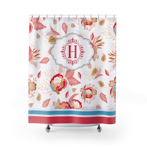 Cortina de ducha floral personalizada, monograma con la letra H, elegante decoración de baño, cortina de ducha personalizada, regalo único, diseño floral