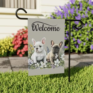 Willkommen französische Bulldogge Flagge im Freien, niedliche Welpen Garten Flagge, Hundeliebhaber Dekor, Frenchie Geschenk, Wohnkultur, Hof Flagge, Dekoration im Freien